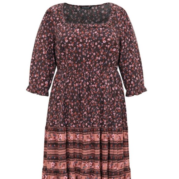 BloomChic Ditsy Floral Patchwork Square Neck Frill Trim Dress Size L us 12 - Picture 5 of 7